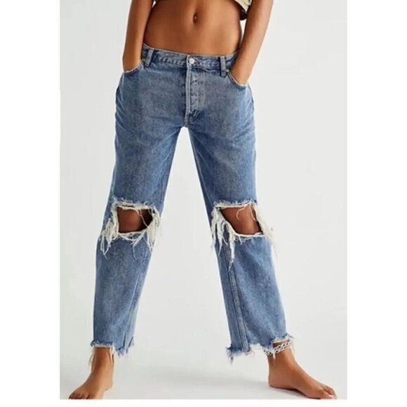 FREE PEOPLE Maggie Straight Leg Mid Rise Distressed Denim Jeans in Blue US 28 - Picture 1 of 14